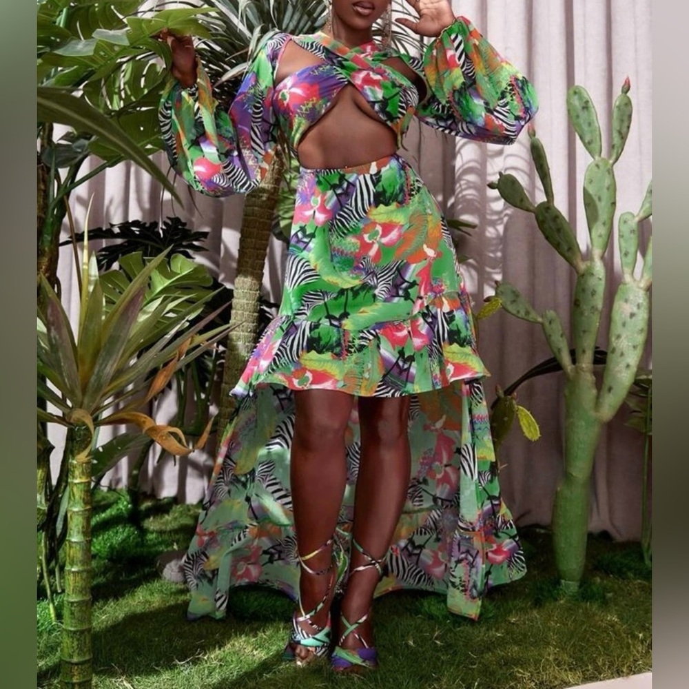 Multicolor Tropical Print Cutout Front High Low Hem long bishop Sleeve Dress